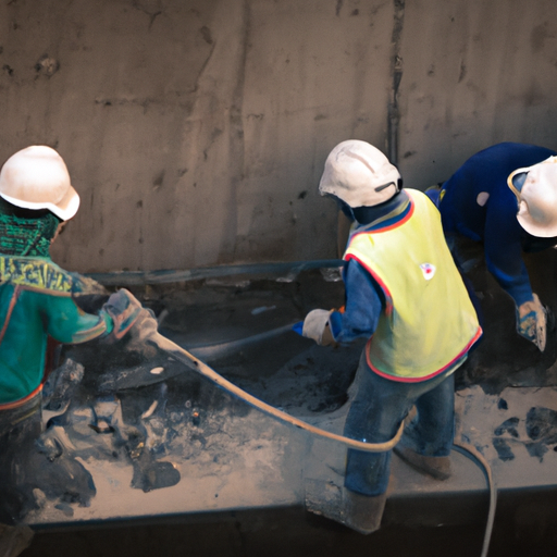 3. תמונה המתארת עובדים מקפידים על אמצעי בטיחות בעת ביצוע ניסור בטון.