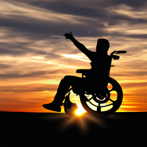 צללית של אדם בכיסא גלגלים חשמלי על רקע שקיעה, המסמלת חופש ועצמאות.