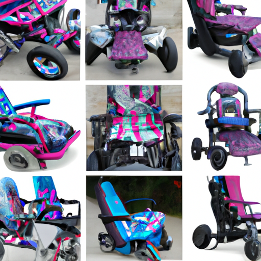 קולאז' של כסאות גלגלים חשמליים בהתאמה אישית עם צבעים, דוגמאות ואביזרים שונים, המציג את אפשרויות ההתאמה האישית.